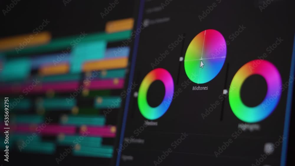 Video editing. Color grading with color wheels. Screen close up