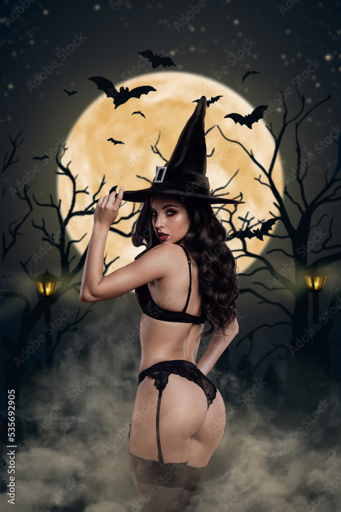 Foto Stock 3d retro abstract creative artwork template collage of sexy hot  witch wear hat underwear posing figure mystery forest sabbath moonlight |  Adobe Stock