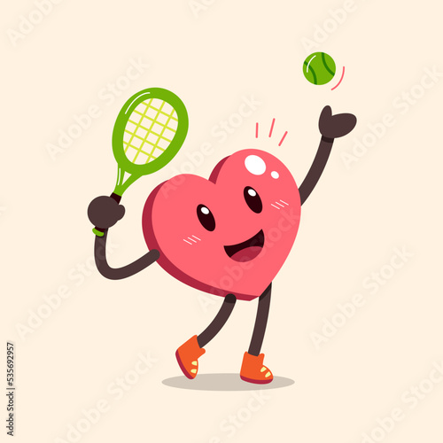 Cartoon heart character playing tennis for design.