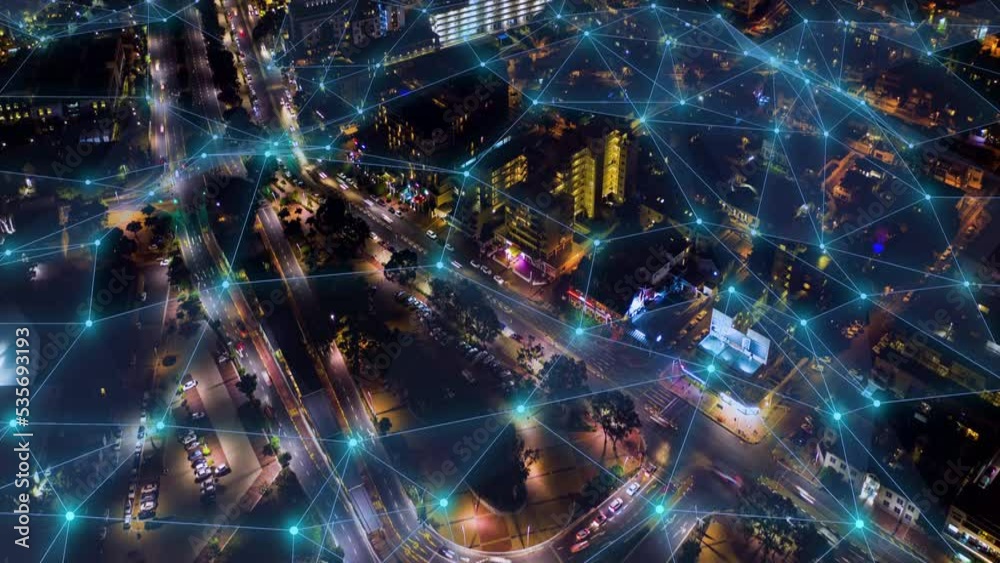 Futuristic cityscape overlay, network transportation and building planning with a drone overlap time lapse effect. Futuristic 5g data connection, city hologram and future communication infrastructure