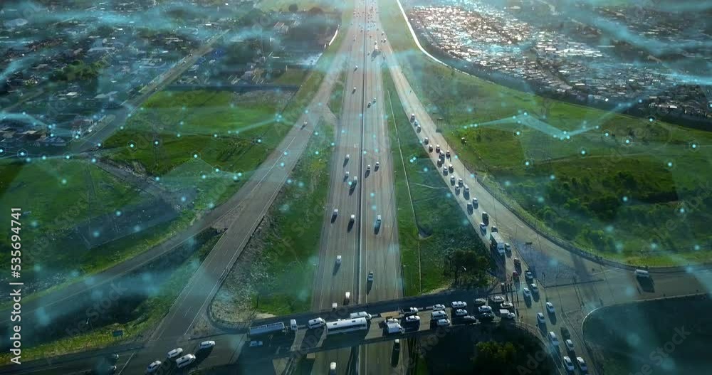 City highway road, data network of cars travel Toronto traffic and 5g connection of digital cloud computing. Futuristic urban transport, street infrastructure and movement on future road development