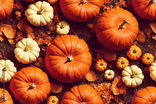 Autumn Halloween Thanksgiving festival seamless pattern with pumpkins, plants, leaves, acorns. 3D Illustration Fall Theme Art Texture