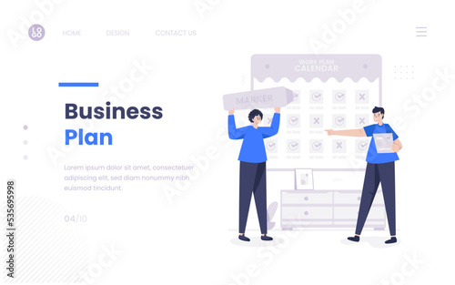 Teamwork business plan with marking date illustration on web banner template