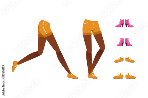 Legs of african american girl in shorts and shoes collection. Constructor for animation cartoon vector illustration
