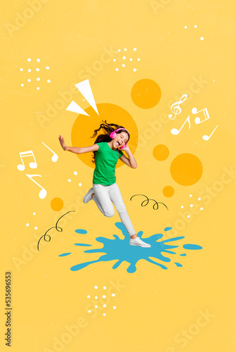 Creative photo 3d collage poster postcard artwork of crazy excited happy girl enjoy music good mood isolated on drawing background © deagreez