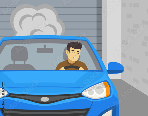 Safe driving tips and rules. Do not idle your car in the garage. Close-up front view of a drowsy driver with working engine in garage with closed gate. Flat vector illustration template.