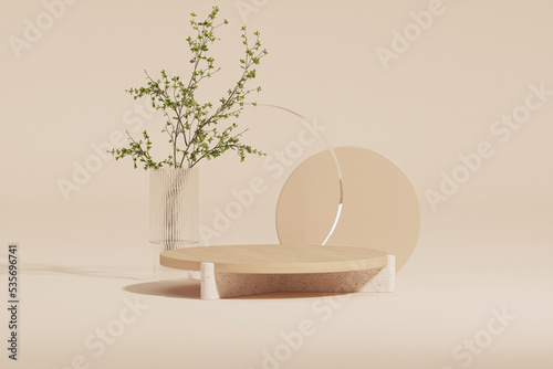 3D render wooden podium with glass wall, tropical leaves of plants, showcase with shadows on pastel background  Stage showcase on pedestal display beige studio, exhibitions, cosmetic of products

