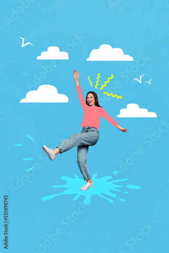 Creative photo 3d collage poster postcard artwork of happy lady girlfriend go ahead enjoy promenade outside isolated on drawing background