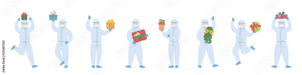 Paramedic or doctor or scientist or medical specialist team with protective clothing with gift box, Christmas or New Year or birthday surprise, vector cartoon style