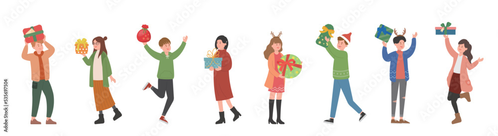Set of happy stylish men and women with gift boxes, surprise for christmas or new year or wedding or birthday, vector cartoon style Set of happy stylish men and women with gift boxes, surprise for christmas or new year or wedding or birthday, vector cartoon style