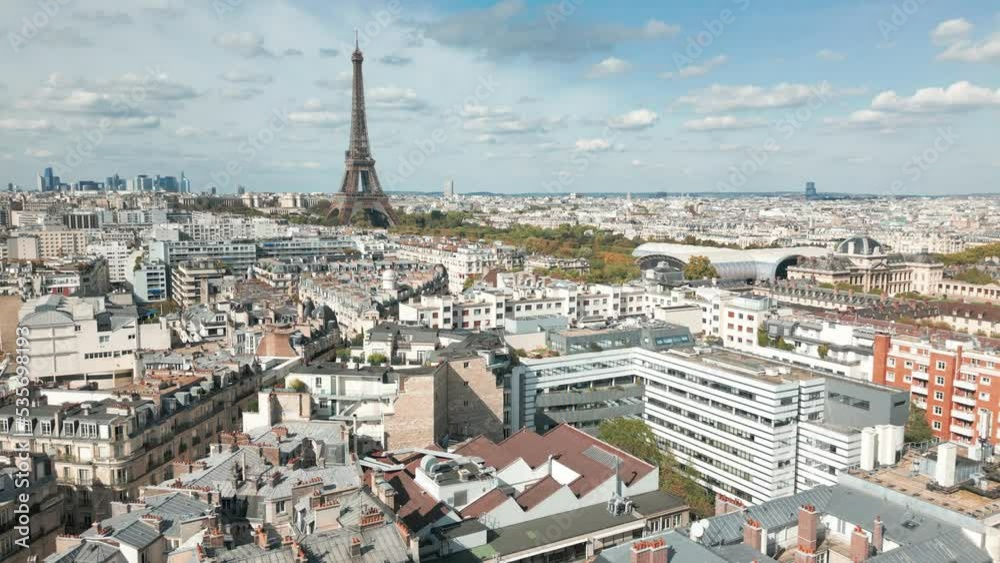 Paris cityscape with Tour Eiffel in background, France. Aerial drone panoramic view Paris cityscape with Tour Eiffel in background, France. Aerial drone panoramic view