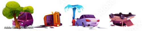 Road accident, broken car lying on roof and door, bump into tree and water hydrant, Isolated automobiles dangerous insurance situation, accidental damage, crashed vehicles, Cartoon vector illustration