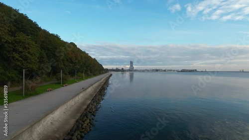 Wallpaper Mural Seacoast Promenade With Tranquil Seascape In Gdynia Boulevard, Poland. Aerial Wide Shot Torontodigital.ca