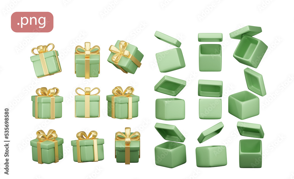  set of green present gift box tied with gold ribbon