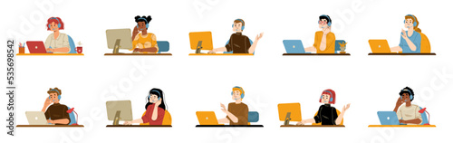 Call center operator isolated set. Customer support service, online help agents wear headset chatting with clients via internet. Technical hotline helpdesk, Cartoon linear flat vector illustration