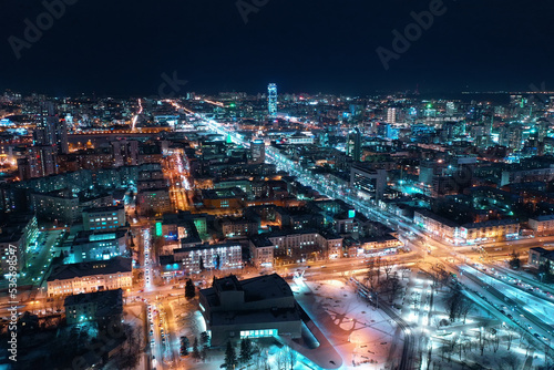 Aerial view of a historic building with night illumination in the center of Yekaterinburg. Russia © ArtEvent ET