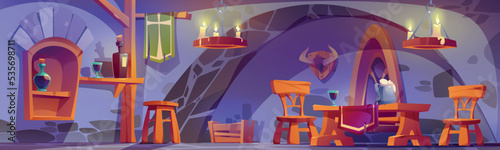 Medieval tavern in castle dungeon, ancient bar interior with candle lamps, wooden furniture and stuff. Table, chairs and shelf with bottles, middle ages game background, Cartoon vector illustration