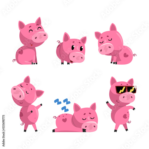 Set of cute pink pigs in various poses. Funny livestock animals cartoon characters vector illustration
