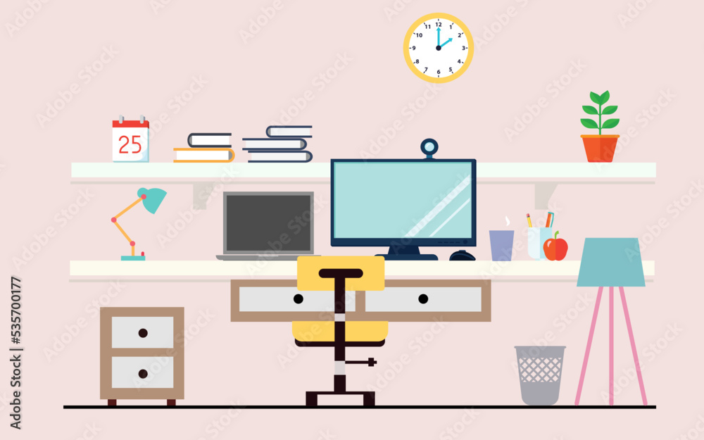 illustration of modern workplace in home with computer table and lots of stuff. Flat vector illustration.