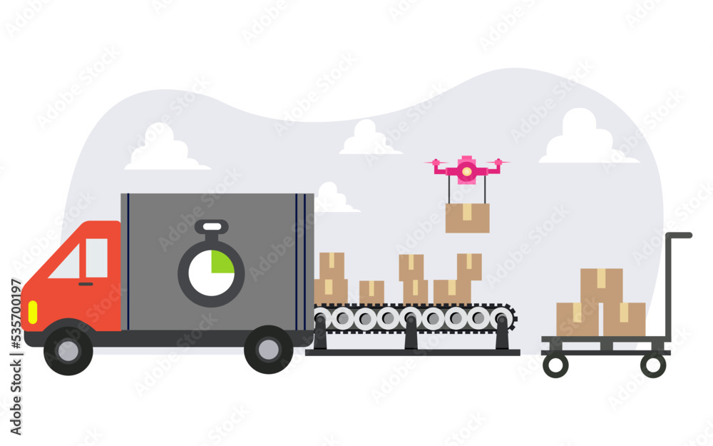 Warehouse Loading Truck with new technology. Warehouse drone delivery loading boxes in truck. vector illustration