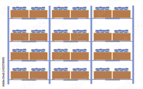 Rack full of vaccine container boxes. vaccines bottles in a Boxes. pharmacy shelves.