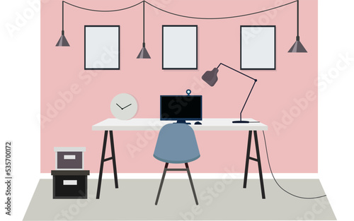 Workplace or study room interior with screen monitor on a desk and printer set up. flat vector illustration.