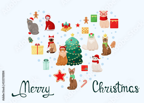 Christmas card with funny cats. Cartoon design.
