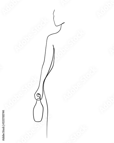 A woman carrying a wide bottle is drawn in one line asst style. Printable art.