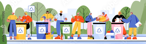 Garbage separation, waste sorting, recycle concept. People collect trash into recycling bins for wood, plastic, glass, metal and paper. Ecology, nature protection, Line art flat vector illustration