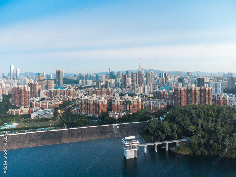 Meilin Reservoir and Futian City Skyline in Shenzhen, Guangdong, China
