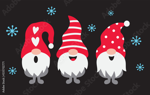 Three Christmas holiday gnomes with snow vector illustration.