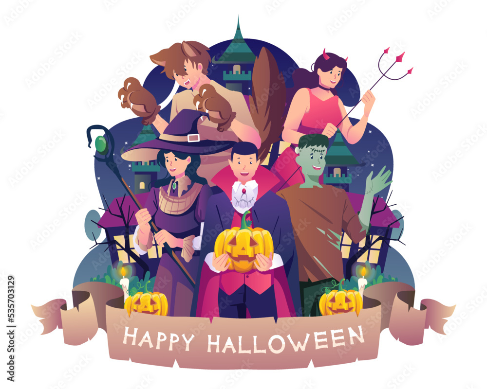 Naklejka premium People in costumes as vampire, witch, skeleton, werewolves and zombie celebrating Halloween. Vector illustration in flat style
