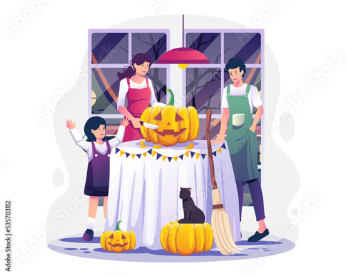Family carving pumpkins at home preparing for Halloween. Vector illustration in flat style