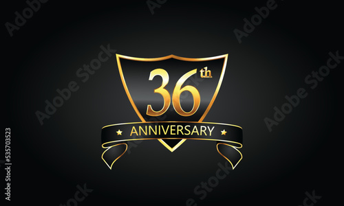 36 year anniversary logo with golden shield and ribbon. Dark concept anniversary. 36th Anniversary celebration background. thirty-sixth anniversary banner vector
