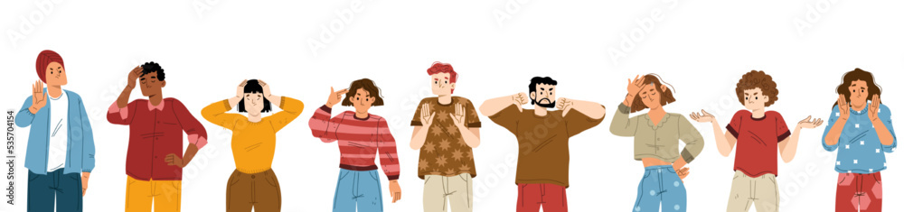 Set of unhappy people showing negative emotions. Male and female flat characters with sad faces making thumbs down, facepalm, stop, no hand gestures. Bad mood, annoyance body language. Vector Set of unhappy people showing negative emotions. Male and female flat characters with sad faces making thumbs down, facepalm, stop, no hand gestures. Bad mood, annoyance body language. Vector