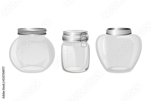 Set of vector empty glass jars with lids. Vector illustration