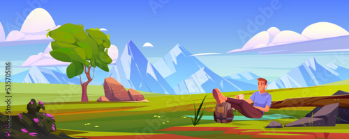 Man relax on green field at wild nature landscape with mountain peaks, tree and rocks under blue sky with clouds. Young male character lying on mat with cup and rucksack, Cartoon Vector illustration