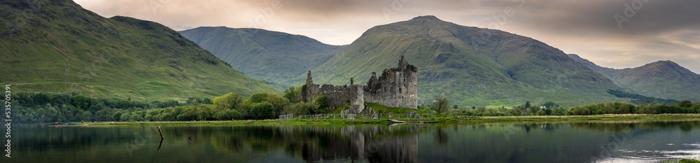 The ruins of Kilchurn castle panorama on Loch Awe in Scotland