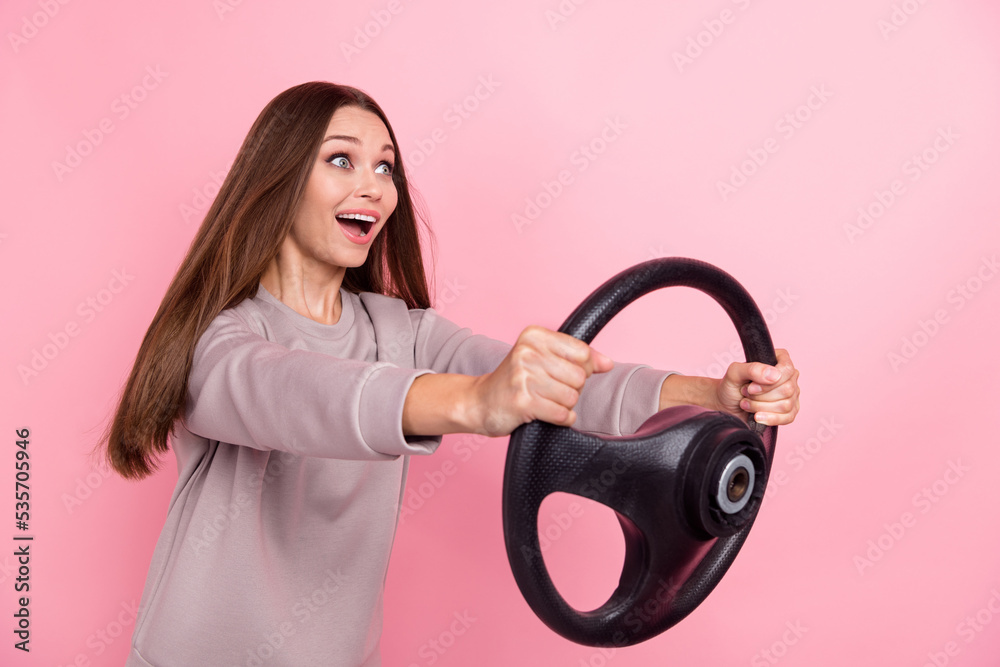 Profile portrait of astonished positive person arms hold wheel look empty space isolated on pink color background Profile portrait of astonished positive person arms hold wheel look empty space isolated on pink color background
