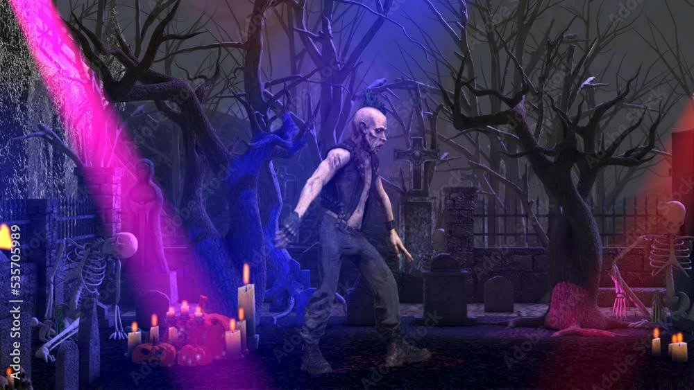 Seamless animation of a punk zombie dancing hip hop in a graveyard party. Funny cartoon character for Halloween background.
