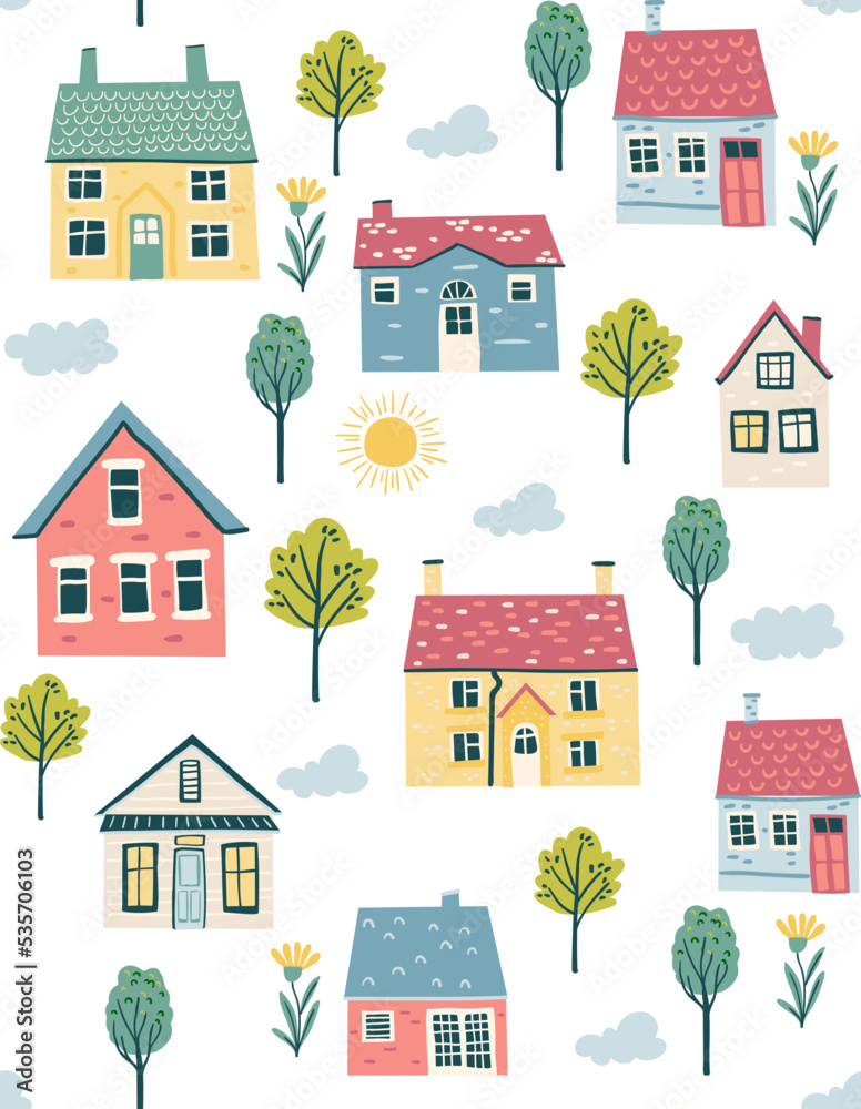 Vector seamless pattern for kids designs with little houses, buildings, village, little town, trees and flowers.