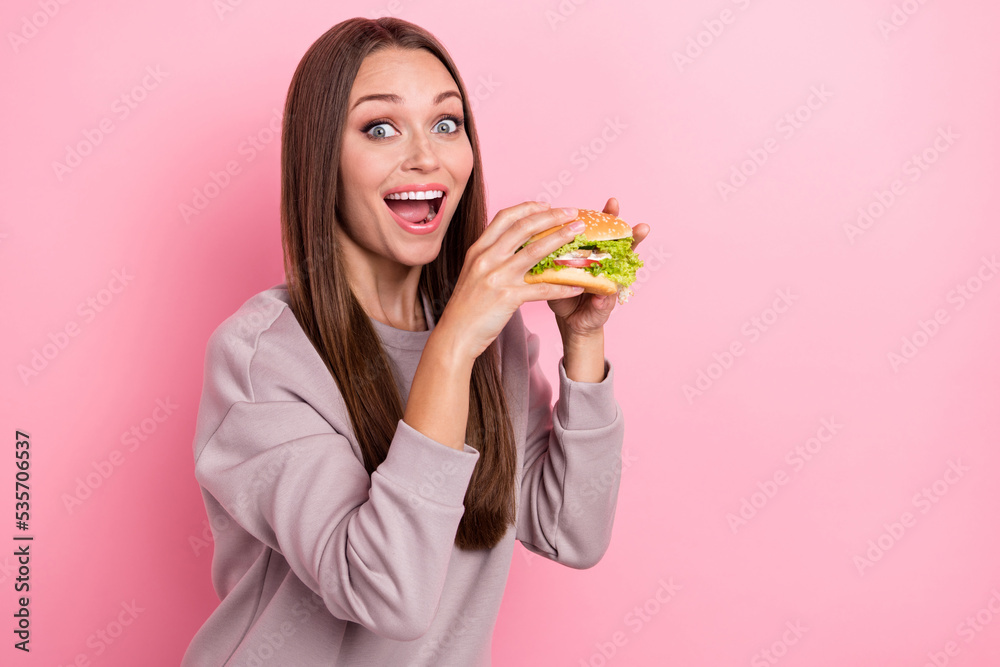 Portrait of funky positive lady hands hold burger toothy smile isolated on pink color background