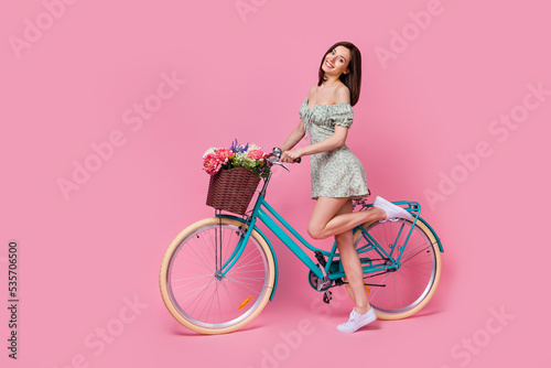 Full length profile photo of sweet lady ride bicycle wear printed dress isolated on pink color background © deagreez