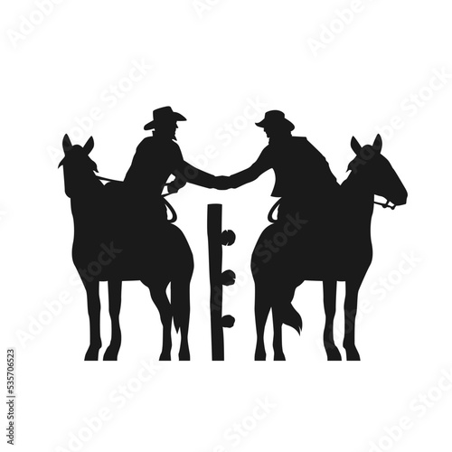 silhouette of cowboys riding a horse do a handshake vector illustration