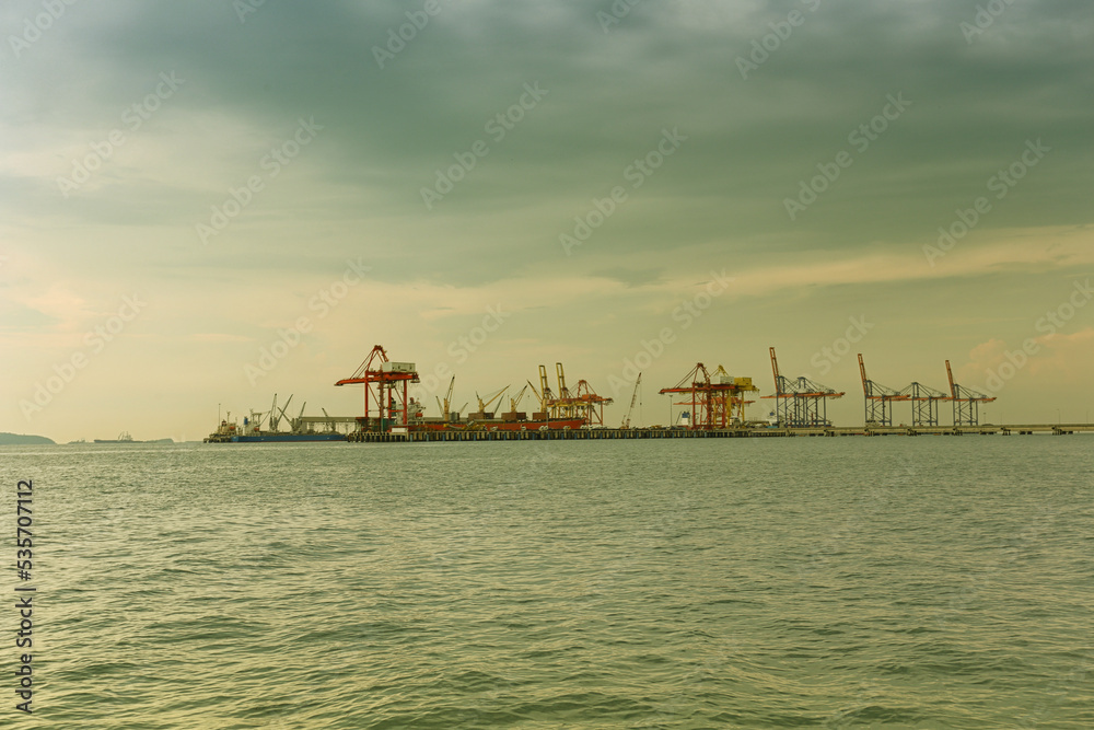 View of a working deep sea port in vintage colors.