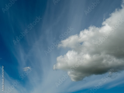 Beautiful cloudy blue sky with white clouds. Nature background for design and sky replacement.