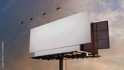 Marketing Billboard. Blank Exterior Sign against a Sunset Sky. Design Template. photo