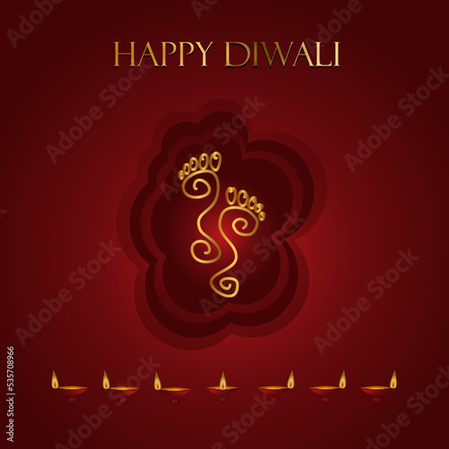 Hindu Goddess Laxmi's footprint for good luck with text of Diwali greetings on blue background