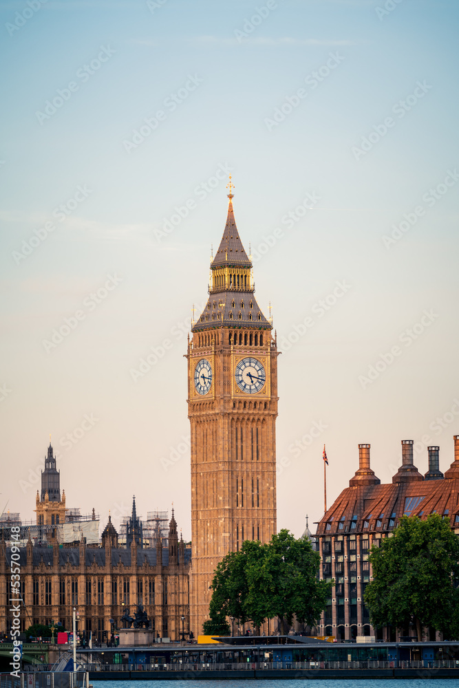 Close up view of Big Ben clock at dawn in London. England