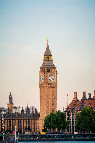 Close up view of Big Ben clock at dawn in London. England